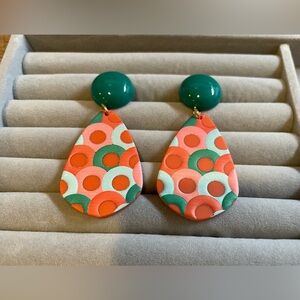 Antique Asian Oil Painting Hong Kong Style Orange Green Teardrop Earrings